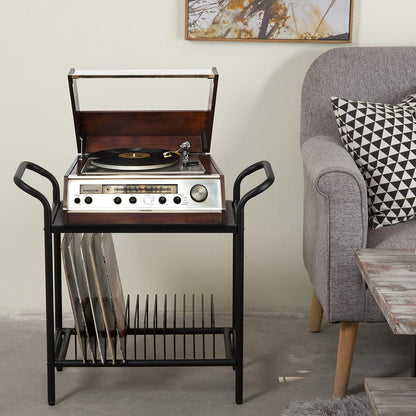 Modern Matte Black Metal Record Player Holder Stand with Vinyl Storage Organizer, Premium Quality 2 Tier Turntable Display Table Rack