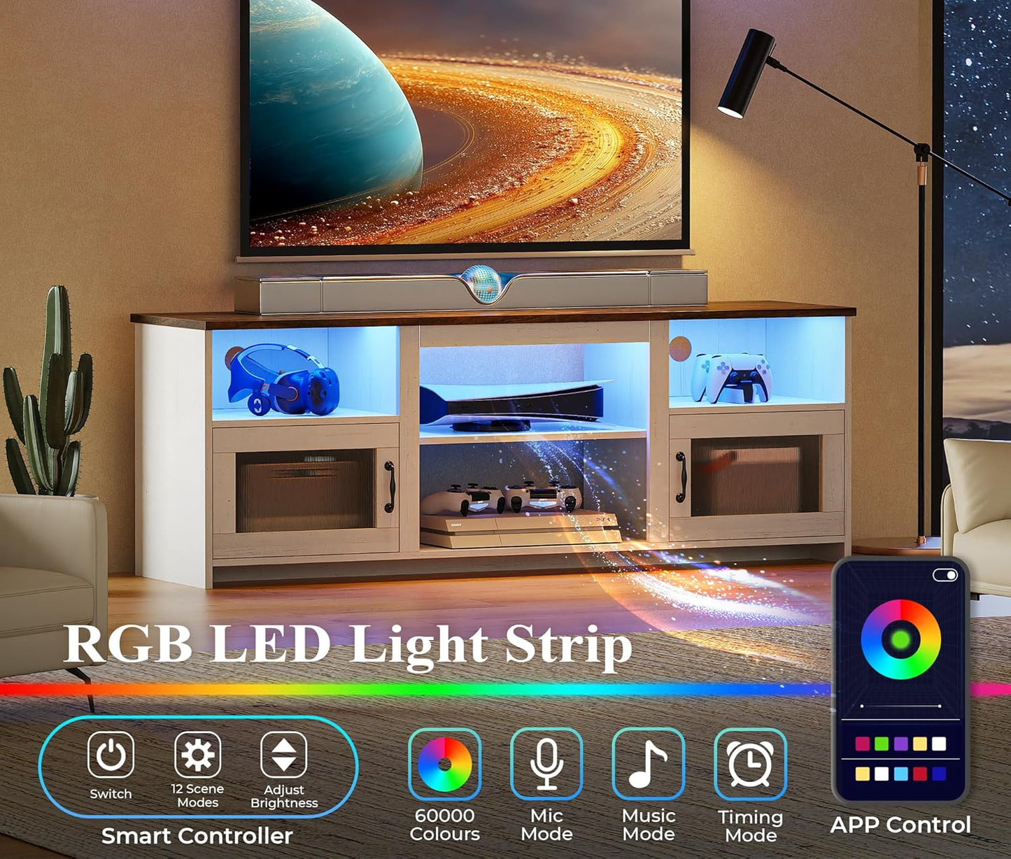 TV Stand for 60 Inch TV, TV Console Cabinet with Power Outlets and LED Lights, 54 Inch Entertainment Center, 2 Acrylic Cabinets, 4 Cable Holes, Open Shelves, for Living Room, Distressed White