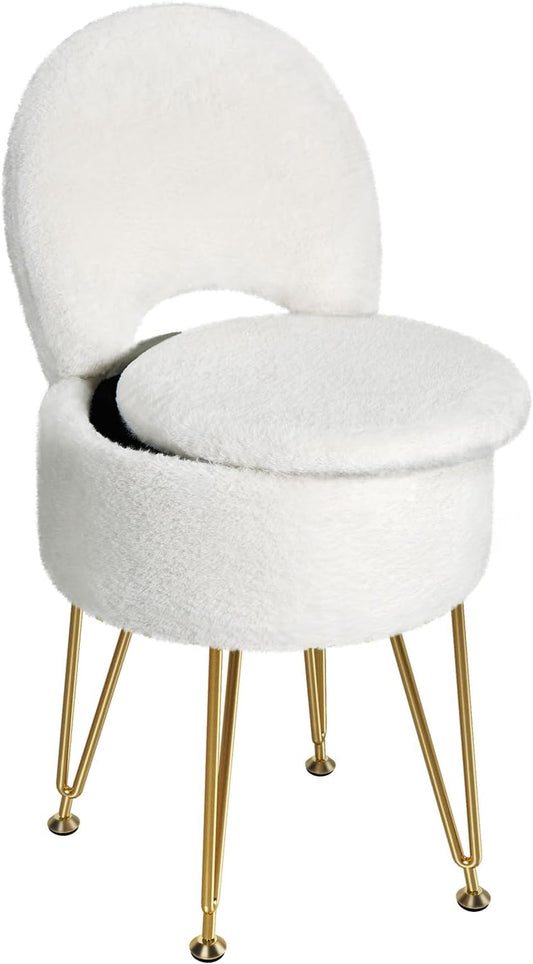 Small Vanity Stool Chair with Storage and Folding Back, 13" X 13" X 17.7" Faux Fur Soft Ottoman for Teenager, 4 Metal Legs with Anti-Slip Feet, Furry Padded Seat for Makeup, Bedroom, White