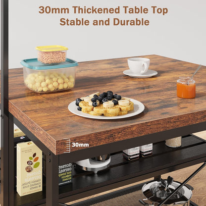 Kitchen Island with Storage, 42''Island Table for Kitchen with Seating Bakers Rack Microwave Oven Stand Shelf with 3 Tier Storage Shelf for Dining Room Living Room, 5 Hooks 42"*28"*72"