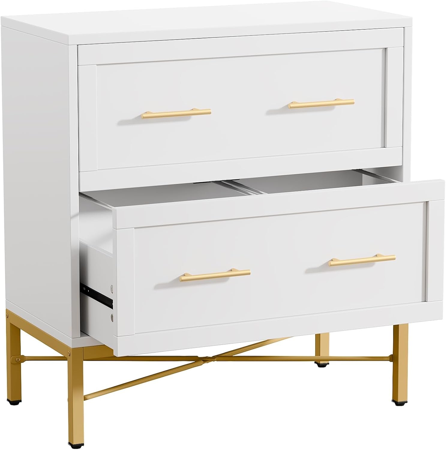 Modern White 2 Drawer File Cabinet, Lateral Filing Cabinet for Letter/Legal/A4 Size, Wood File Storage Cabinets Printer Stand with Storage for Home, Office, White and Gold