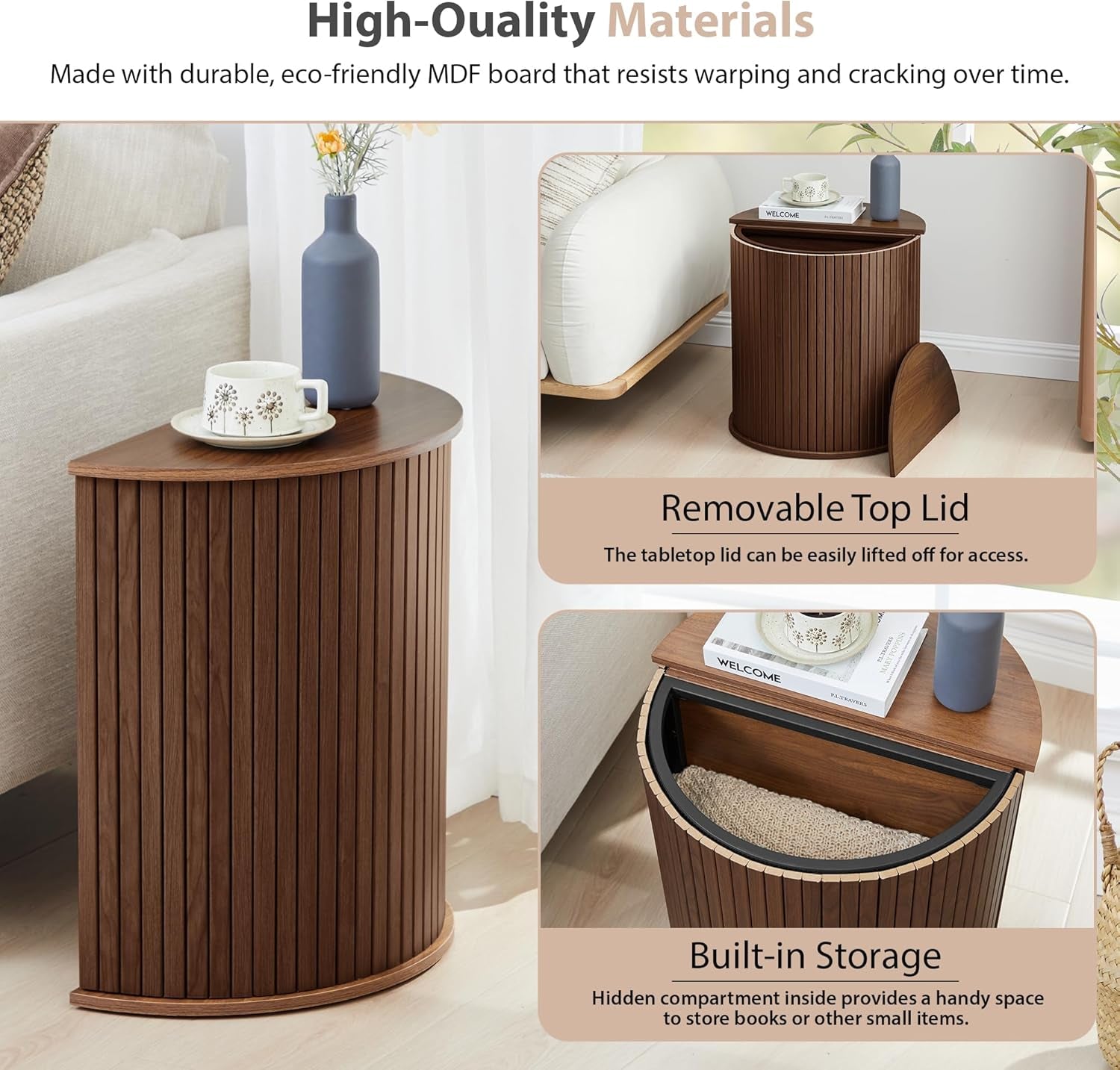 Nesting round Side Table Set of 2, Half-Moon End Tables with Storage Lids, Accent Fluted Bedside Tables with Metal Frame, Sofa Table Nightstand for Bedroom Living Room (1 Round, Walnut)