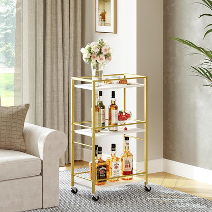 Bar Cart for the Home, 3-Tier Drink Cart on Wheels, Home Bar Serving Cart, Mini Bar Cart for Small Space, Rolling Kichen Carts for Bar, Kitchen, Dining Room, Gold RCJW4001