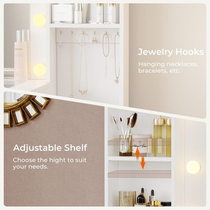 48.8'' Large Vanity Desk with Lighted Mirror & Power Outlet, White Makeup Vanity Table with 6 Drawers, 4 Shelves and 1 Storage Cabinet, Glass Tabletop Bedroom Dressing Table, 3 Lighting Modes