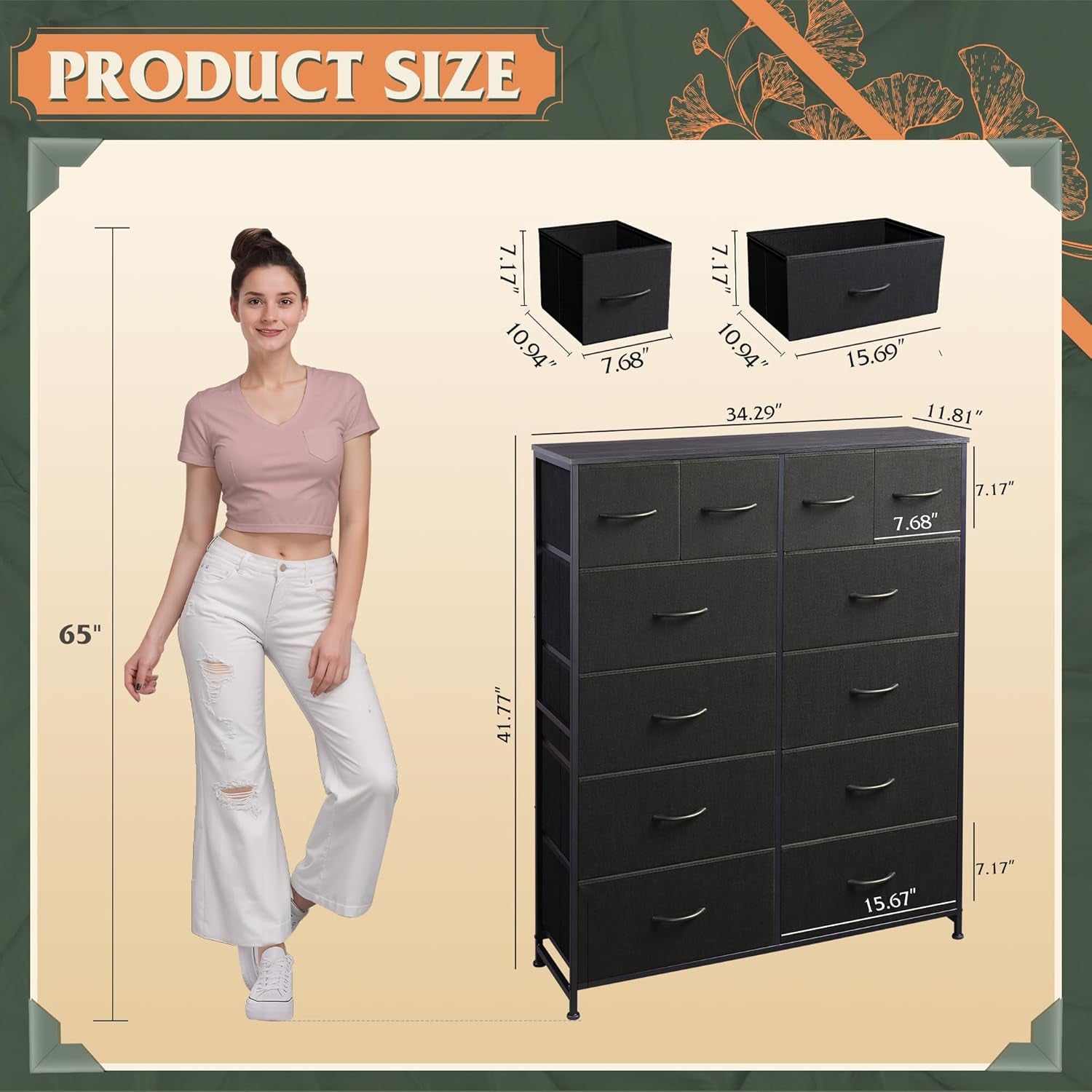 Tall Dresser for Bedroom with 12 Drawers, Dressers & Chests of Drawers, Fabric Dresser for Closet, Living Room, Storage Dressers with Storage Drawers, Steel Frame, Wood Top, Charcoal Black