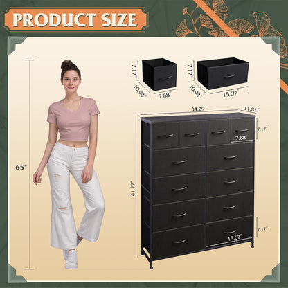Tall Dresser for Bedroom with 12 Drawers, Dressers & Chests of Drawers, Fabric Dresser for Closet, Living Room, Storage Dressers with Storage Drawers, Steel Frame, Wood Top, Charcoal Black