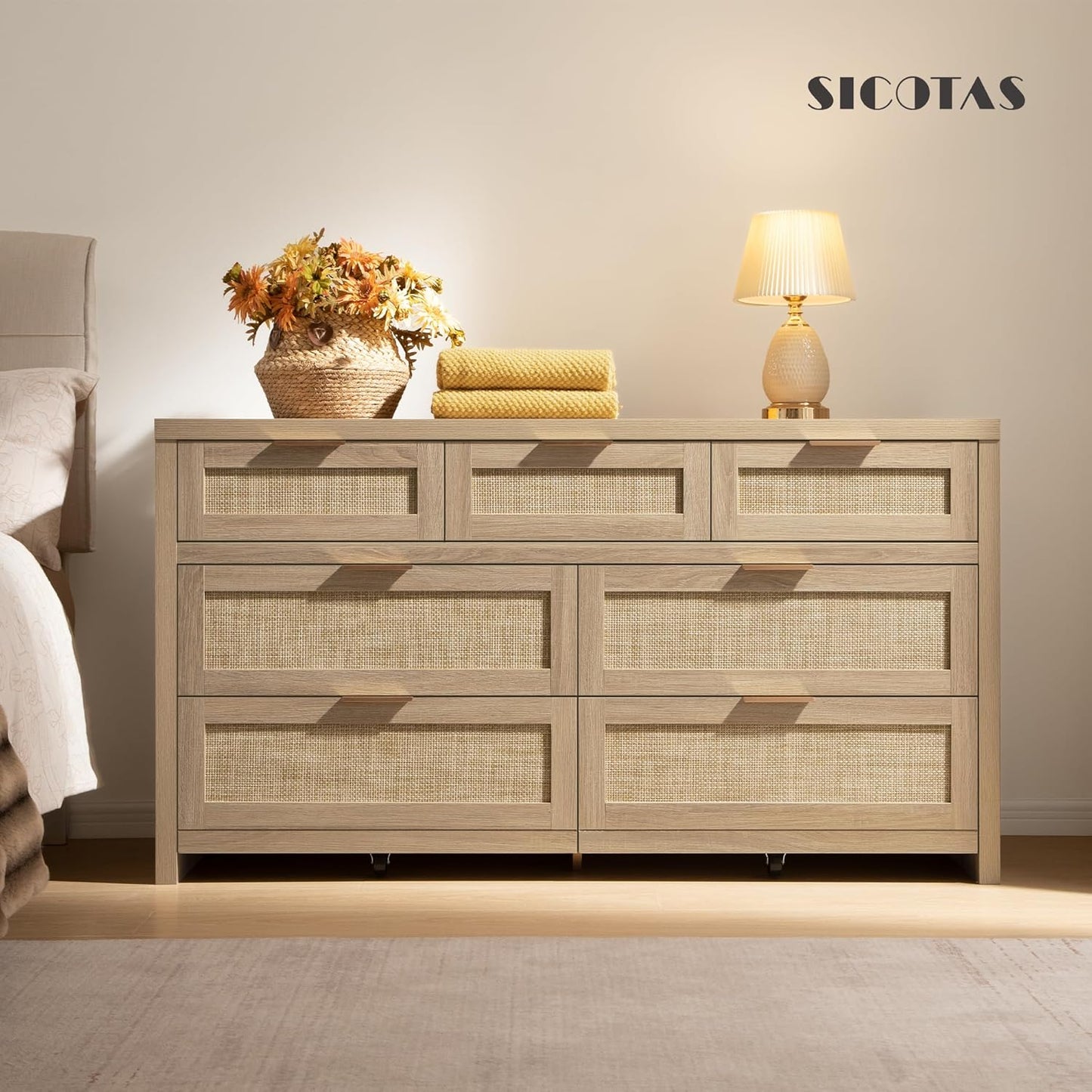 7 Drawer Dresser for Bedroom, 57" Wide Rattan Dressers, Large Chest of Drawers for Bedroom, Dresser TV Stand, Boho Closet Organizer (Reclaimed Light Oak, 7 Drawers (1 Pc))