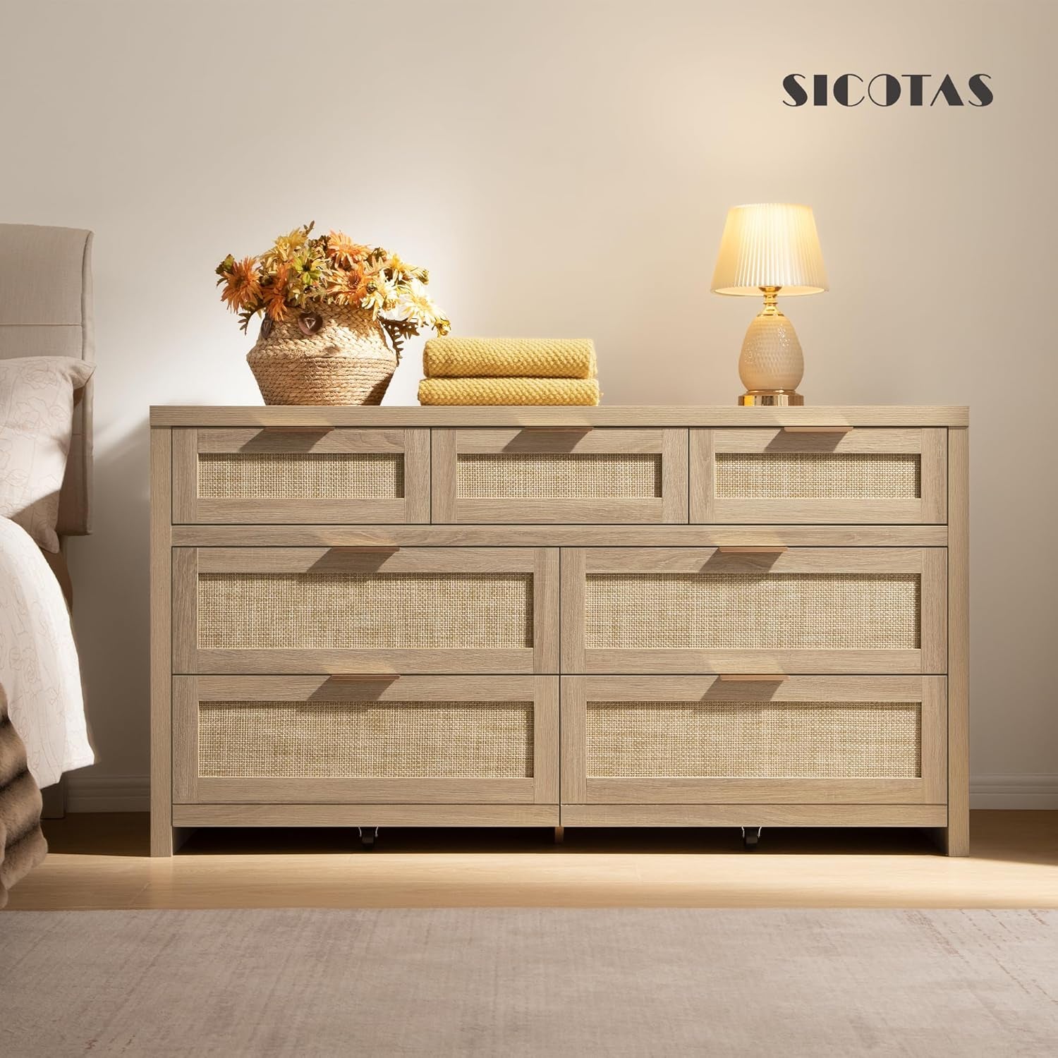 7 Drawer Dresser for Bedroom, 57" Wide Rattan Dressers, Large Chest of Drawers for Bedroom, Dresser TV Stand, Boho Closet Organizer (Reclaimed Light Oak, 7 Drawers (1 Pc))