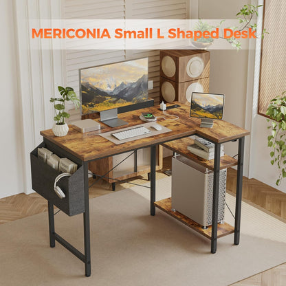Small L Shaped Computer Desk with Power Outlets, Gaming Desk for Small Spaces, Corner Desk with Reversible Storage Shelves, Study Writing Table for Home Office