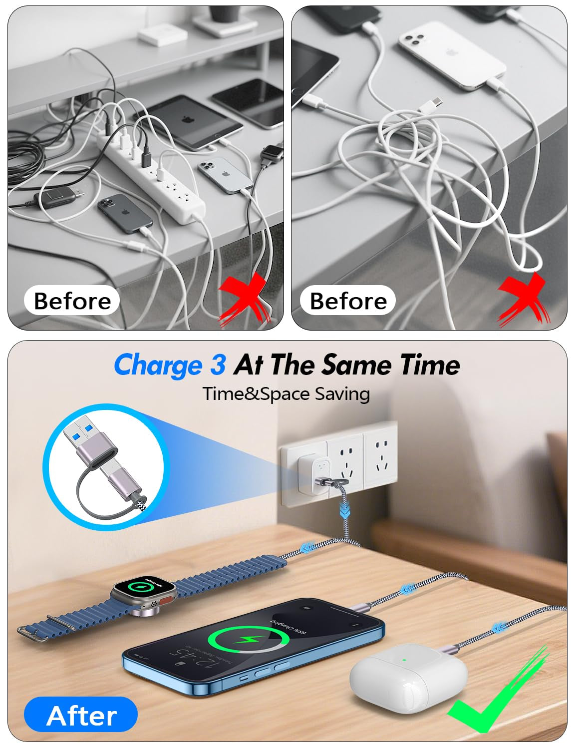 1Pack Multi Fast Charging Cable for Travel Vacation Essentials,Apple Watch Charger,Iphone Charger[3-In-2]Usb A/Type C/Lightning Cable for Iwatch,Iphone 16-11,Nintendo Switch,Airpods,Car,Camping-Purple