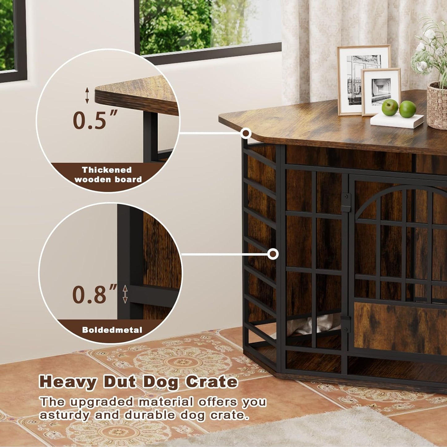 Corner Dog Crate Furniture, 52 Inch Large Dog Kennel Indoor Wooden End Table, Modern Dog Cage Decorative Pet House TV Stand for Medium Large Dogs,Grey