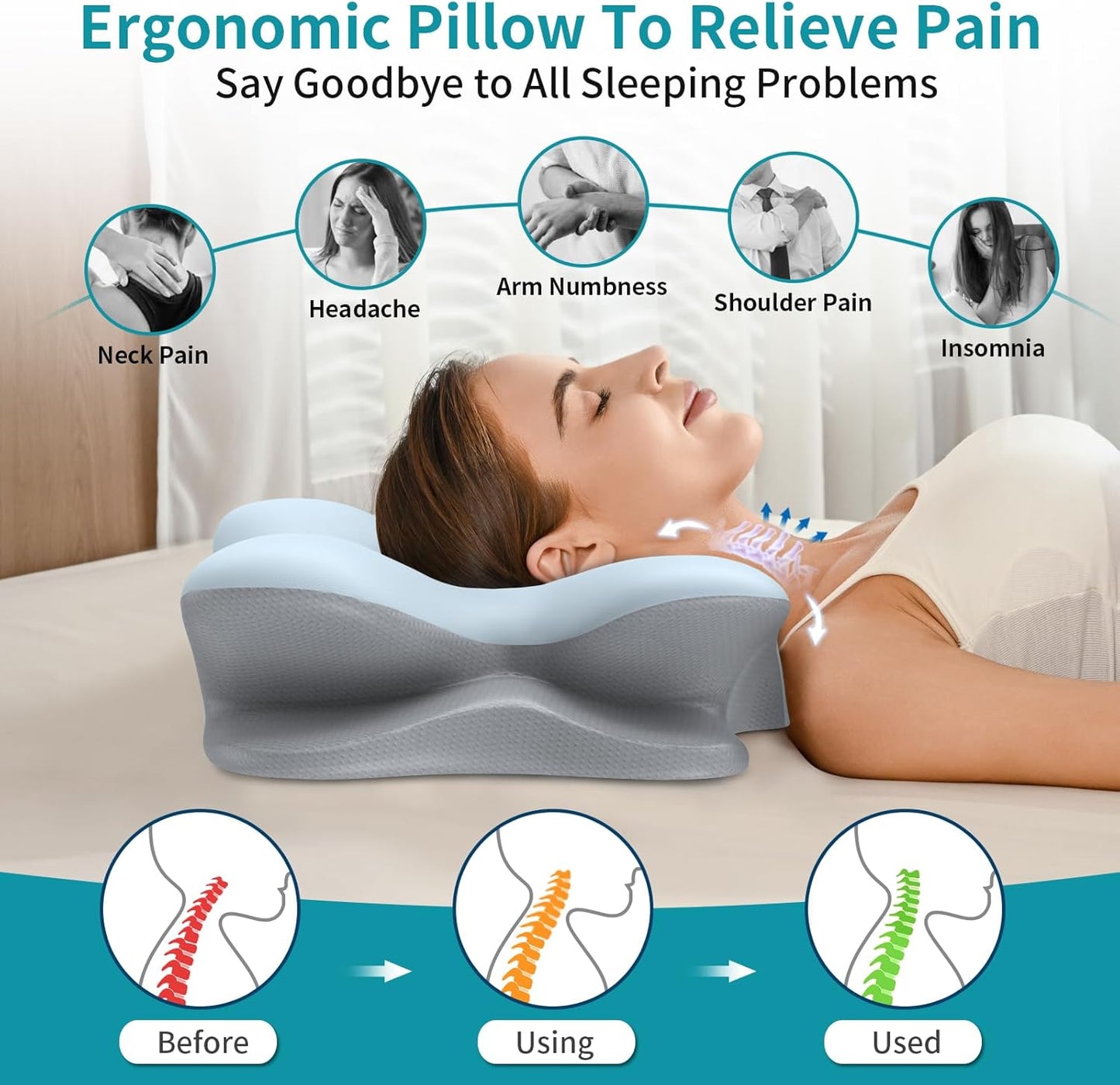 Cervical Neck Pillow for Pain Relief - Ergonomic Side Sleeper Pillow for Neck Support, Cooling Memory Foam Pillows for Sleeping, Contour Pillow Orthopedic Bed Pillow for Back Stomach Sleepers