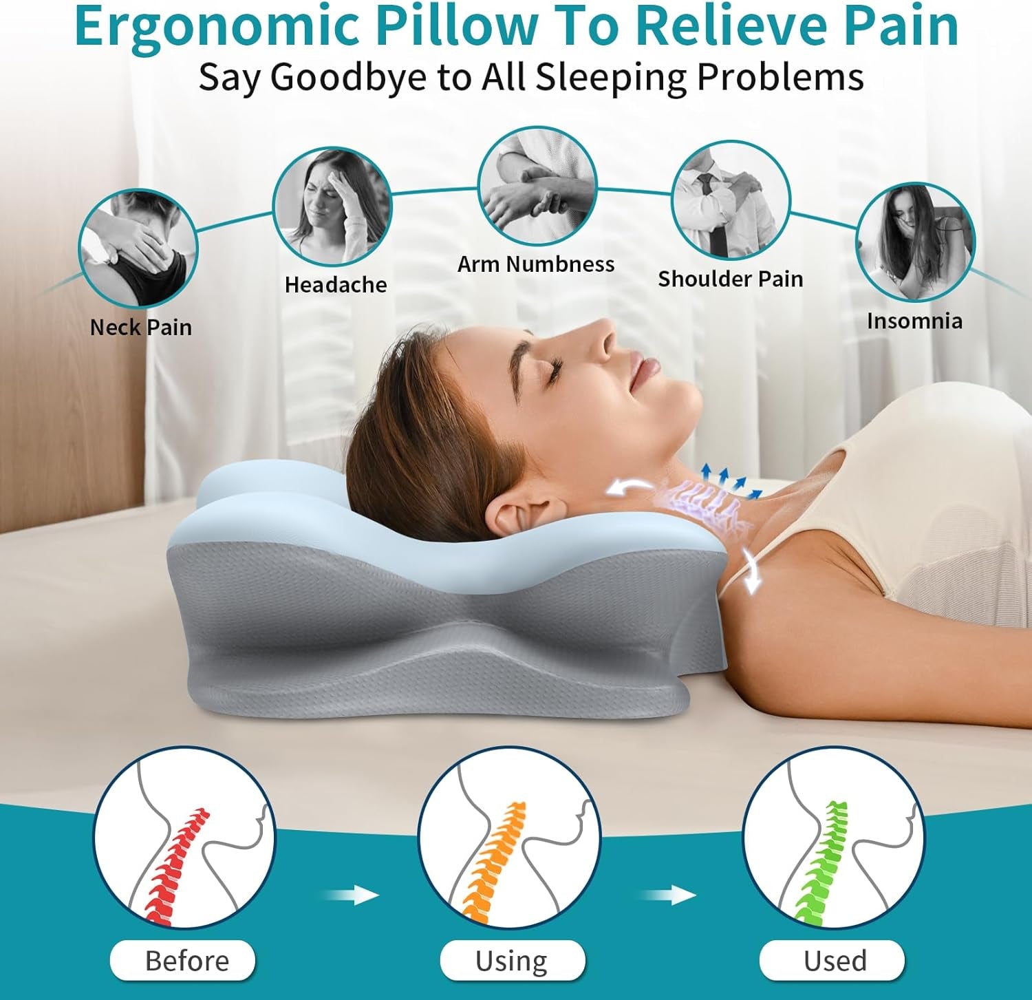 Cervical Neck Pillow for Pain Relief - Ergonomic Side Sleeper Pillow for Neck Support, Cooling Memory Foam Pillows for Sleeping, Contour Pillow Orthopedic Bed Pillow for Back Stomach Sleepers