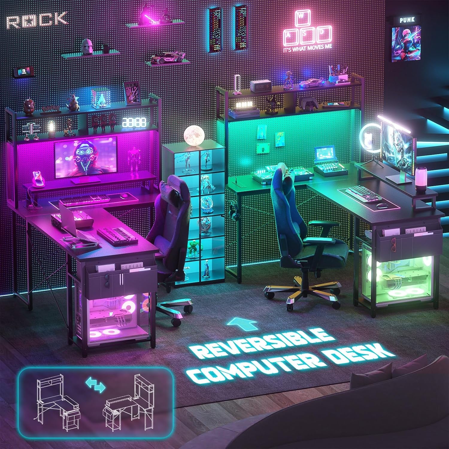 Small L Shaped Gaming Desk with LED Lights & Power Outlets, Reversible L-Shaped Computer Desk with Monitor Stand & Storage Shelf, Corner Desks Home Office Desk with Storage Bag, Black