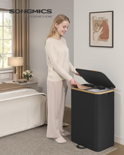 Laundry Hamper, Laundry Sorter with Lid, Storage Basket Bin, Removable Liners, Bamboo Frame, for Bedroom, 2 Sections, 39.6 Gal. (150 L), Ink Black ULCB532BH01