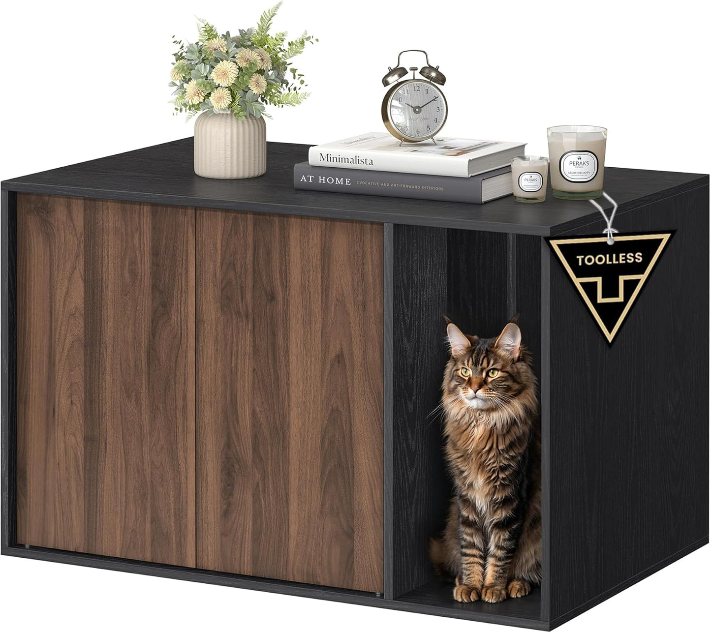 Cat Litter Box Enclosure, Superfast Toolless Assembly, Litter Box Furniture for Large Cats, Display Side Table, Push-To-Open Doors, Ebony Black and Somber Walnut UPCL013BE01S