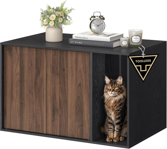 Cat Litter Box Enclosure, Superfast Toolless Assembly, Litter Box Furniture for Large Cats, Display Side Table, Push-To-Open Doors, Ebony Black and Somber Walnut UPCL013BE01S