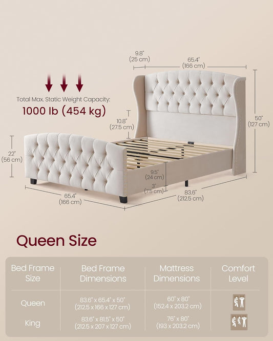 Queen Bed Frame with Tall Headboard, Upholstered Platform Bed Frame Queen Size, with Wingback Tufted Headboard and Footboard, Wooden Slats, No Box Spring Needed, Cappuccino Beige URMB881W01