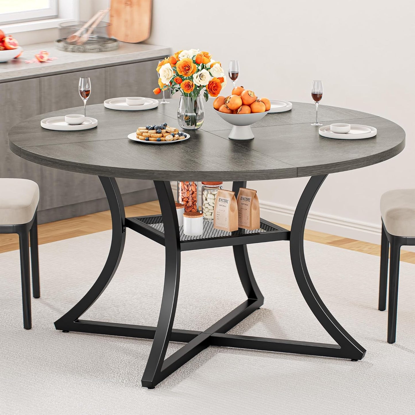 47.2" round Dining Table for 4, Wood Kitchen Table with Storage Shelf for Dining Room, Dinner Table with Wooden Tabletop and Metal Base, Rustic Brown