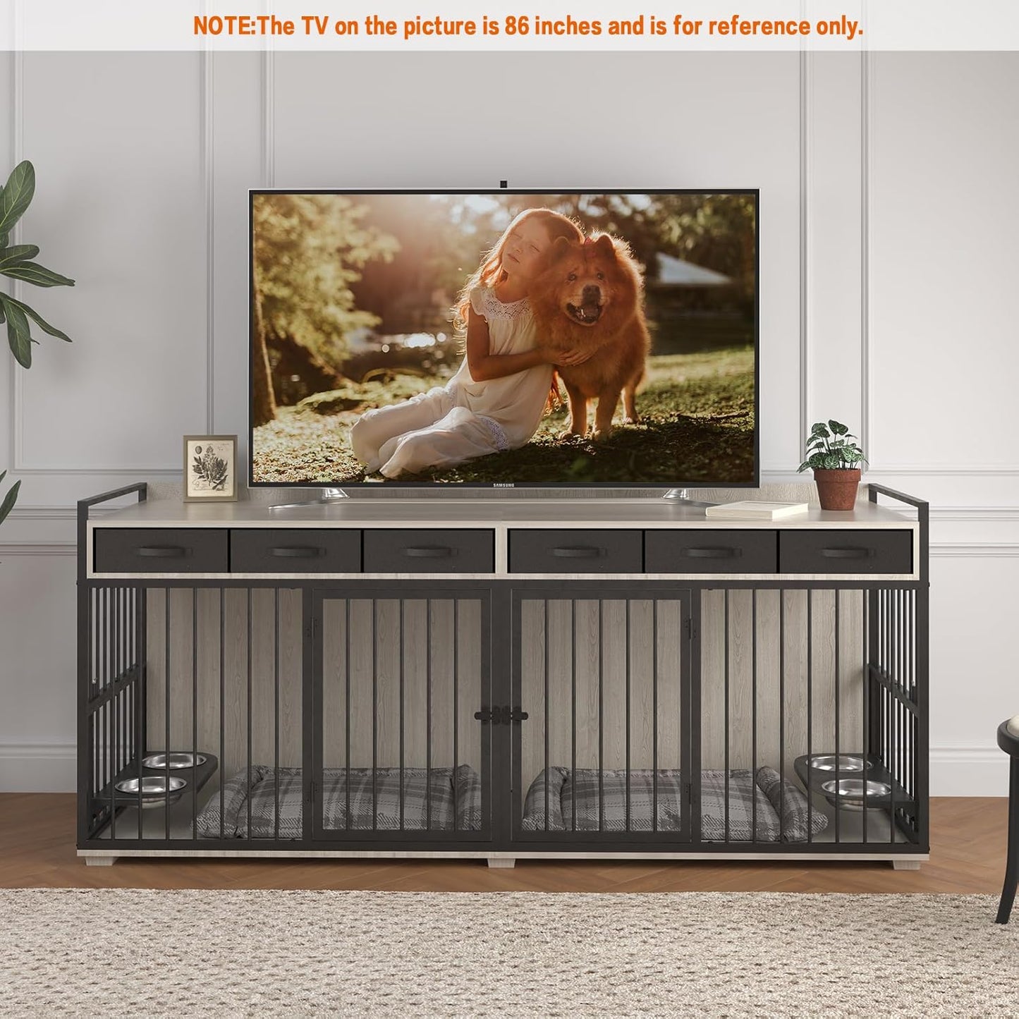 86.6Inch Dog Crate Furniture with Storage,Furniture Style TV Stand Dog Kennel for 2 Dogs,With 6 Drawers,Removable Divider&Adjustable Bowls,Heavy Duty Metal Chew-Resistant Dog Crate Furniture