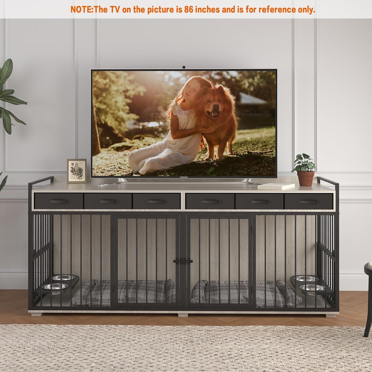 86.6Inch Dog Crate Furniture with Storage,Furniture Style TV Stand Dog Kennel for 2 Dogs,With 6 Drawers,Removable Divider&Adjustable Bowls,Heavy Duty Metal Chew-Resistant Dog Crate Furniture