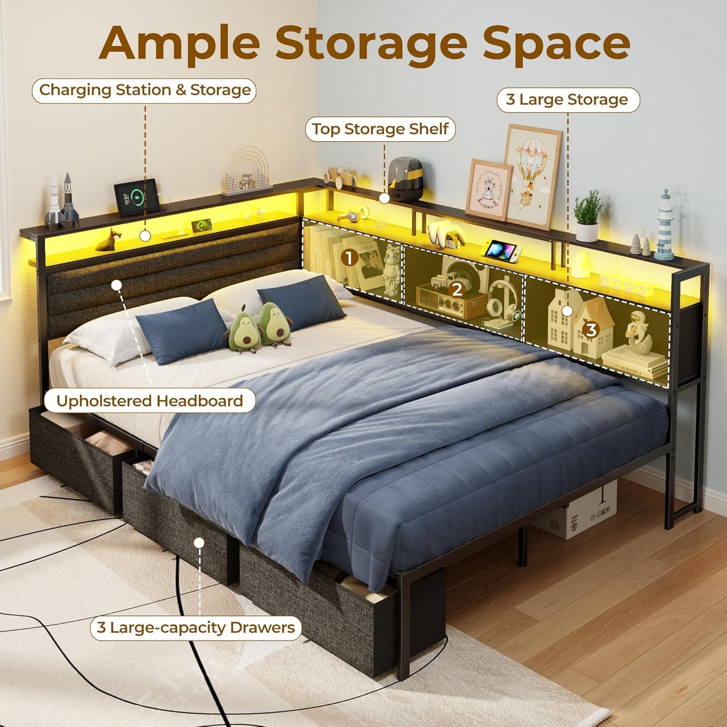 Full Size Bed Frame with Headboard and Storage Drawers, Full Metal Platform Corner Bed Frame with Charging Station and LED Lights, Heavy Duty Strong Support Slats and Easy to Assemble, Black