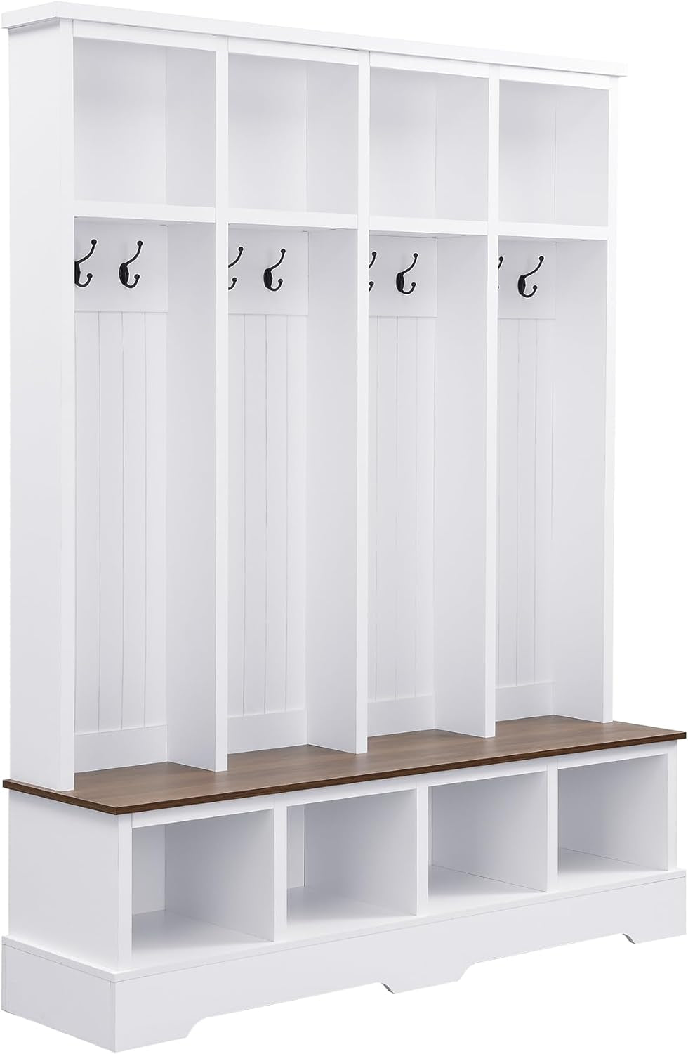 Farmhouse Hall Tree with 8 Hooks,Entryway Cabinet W/Bench,Multi-Functional Coat Rack W/4 Storage Unit and 4 Shoe Cabinet,Entryway Cabinets for Hallway,Living Room,Mudroom,White