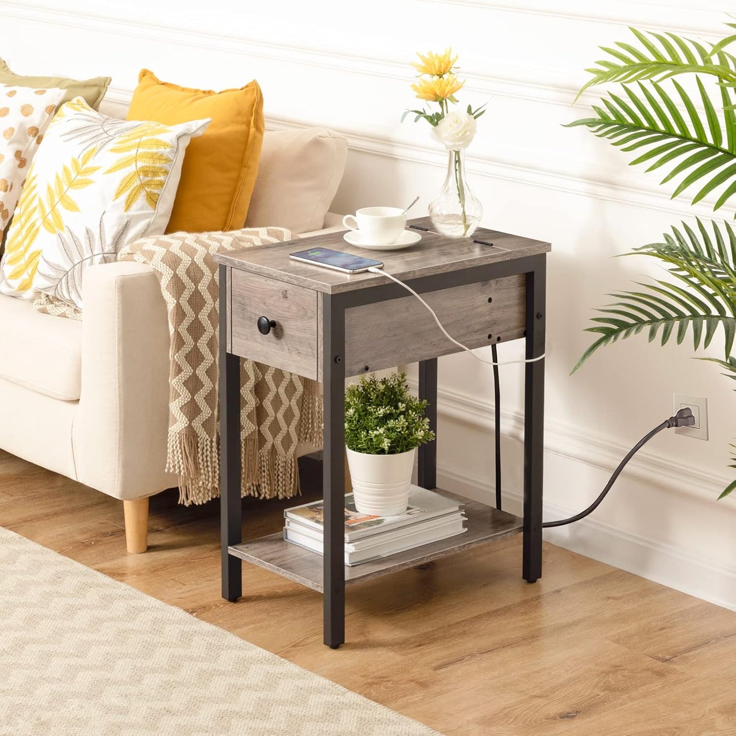 End Table with Charging Station, Narrow Side Table, Small Nightstand, Bedside Tables with Drawer and Storage Shelves, for Small Spaces, Living Room, Bedroom, Greige and Black BG041BZ01G1