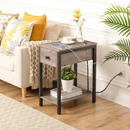 End Table with Charging Station, Narrow Side Table, Small Nightstand, Bedside Tables with Drawer and Storage Shelves, for Small Spaces, Living Room, Bedroom, Greige and Black BG041BZ01G1