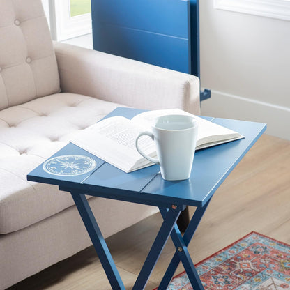 SAMM Navy Trey Table Set with Compass Accent Includes Four Trey Tables and Stand