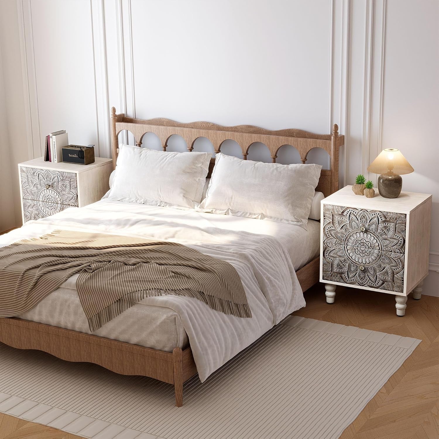 White Nightstands Set 2, Vintage Nightstands with 2 Drawers, Farmhouse Bedside Tables Set of 2, Easy to Assemble End Tables with Lotus Pattern for Small Spaces, Bedroom, Guest Room, White
