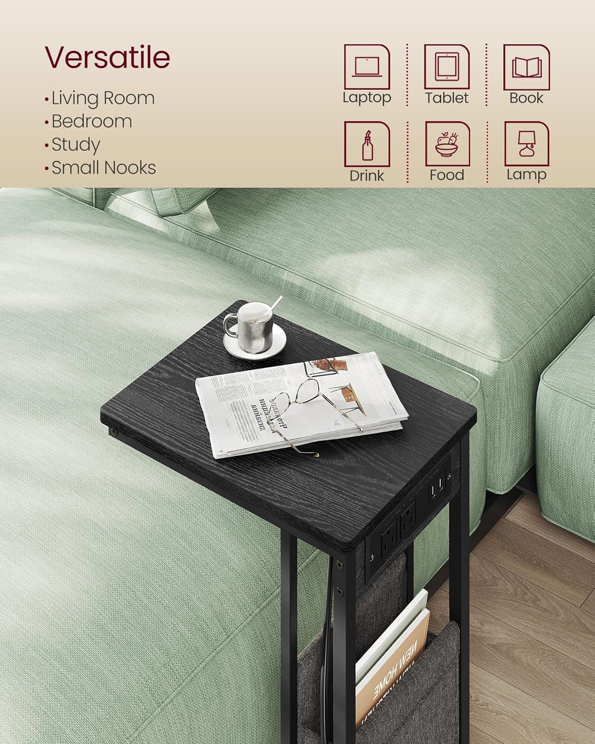 C-Shaped Side Table, End Table with Charging Station, 2 USB Ports and Outlets, C Table for Couch, Sofa, with Storage Bag, Adjustable Feet, for Bedroom, Living Room, Ebony Black ULET356B01