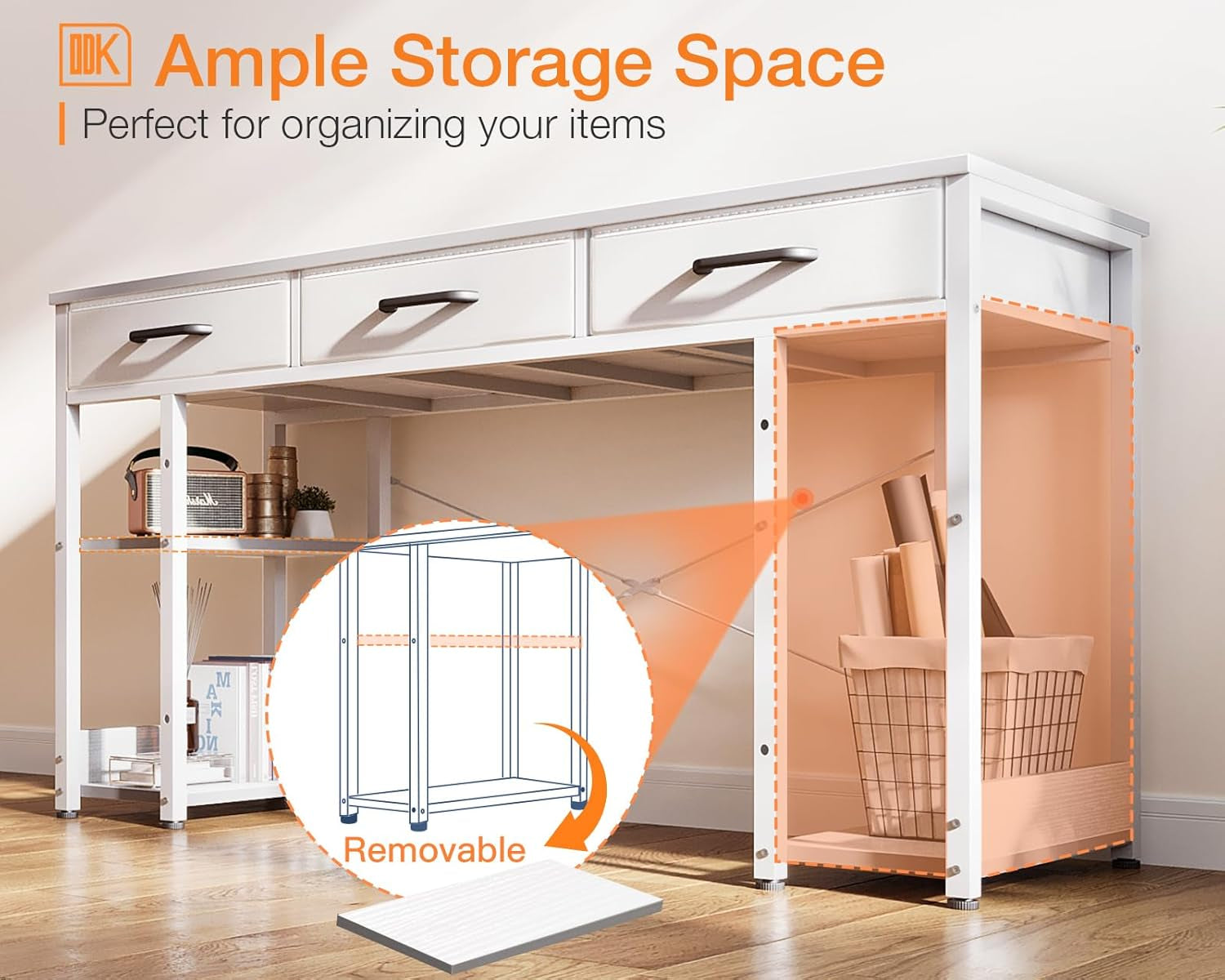 Office Small Computer Desk: Home Table with Fabric Drawers & Storage Shelves, Modern Writing Desk, White, 48"X16"