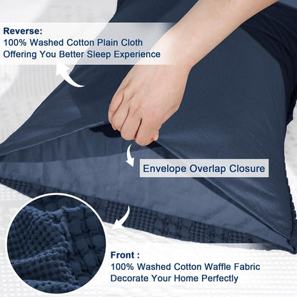 100% Cotton Waffle Pillow Shams King Size, 2 Pack 20" X 36" Soft Skin-Friendly Pillowcases, No Filling, Aesthetic Woven and Breathable Waffle Weave Pillow Case Covers for Bed, Blue Sapphire