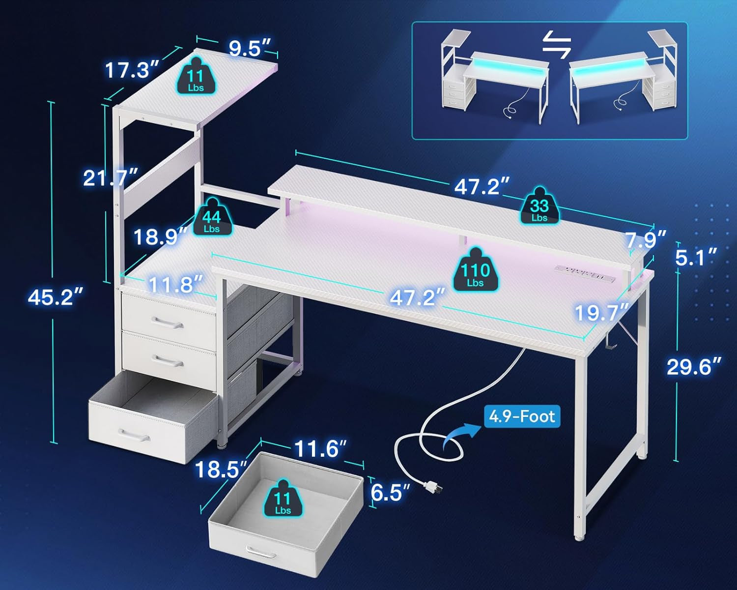 59 Inch Gaming Desk with USB Charging Ports & LED Light - Reversible Computer Desk with 3 Fabric Drawers, Monitor Stand, CPU Stand, and Side Hook, Modern Office Desk, White
