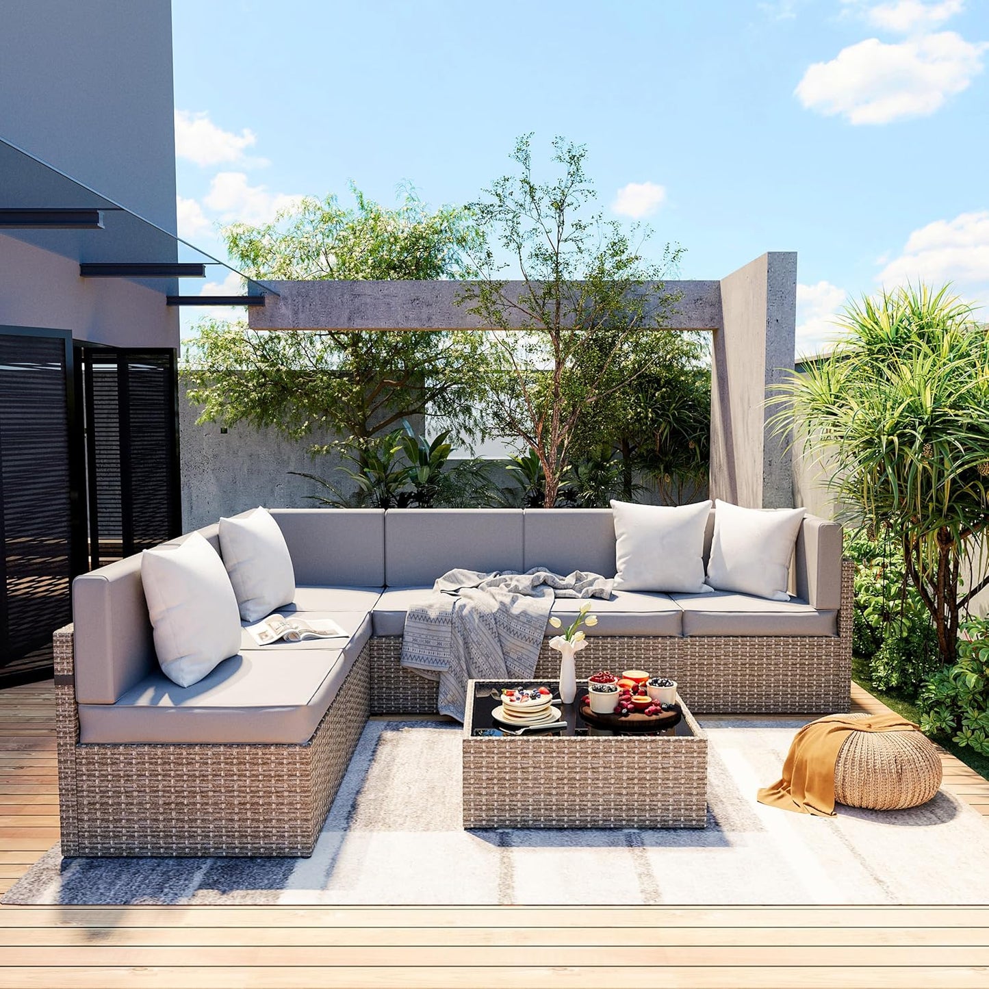 7-Piece Outdoor Sectional Furniture Set, All-Weather Wicker Patio Sofa with Washable Cushions, Gray Waterproof Rattan Conversation Set for Backyard, Poolside, Garden (Gray Cushions)