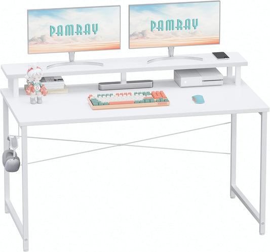 47 Inch Small Computer Desk with Monitor Stand, Simple Office Desk with Headphone Hook for Small Spaces, Kids Study Writing Table for Bedroom, White