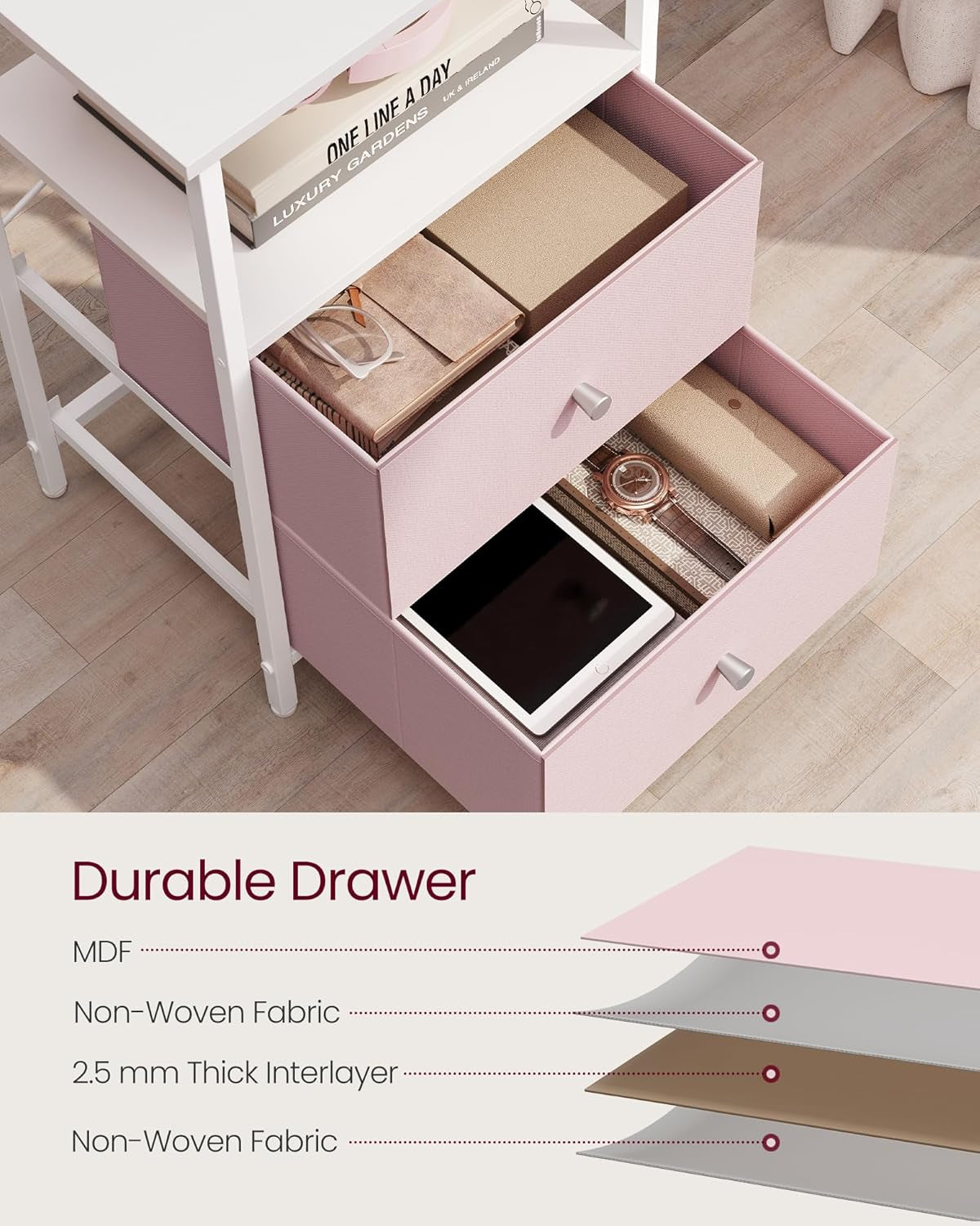 Nightstand, Side Table with 2 Fabric Drawers, 24-Inch Tall End Table with Storage Shelf, Bedroom, Jelly Pink and White ULGS025R05
