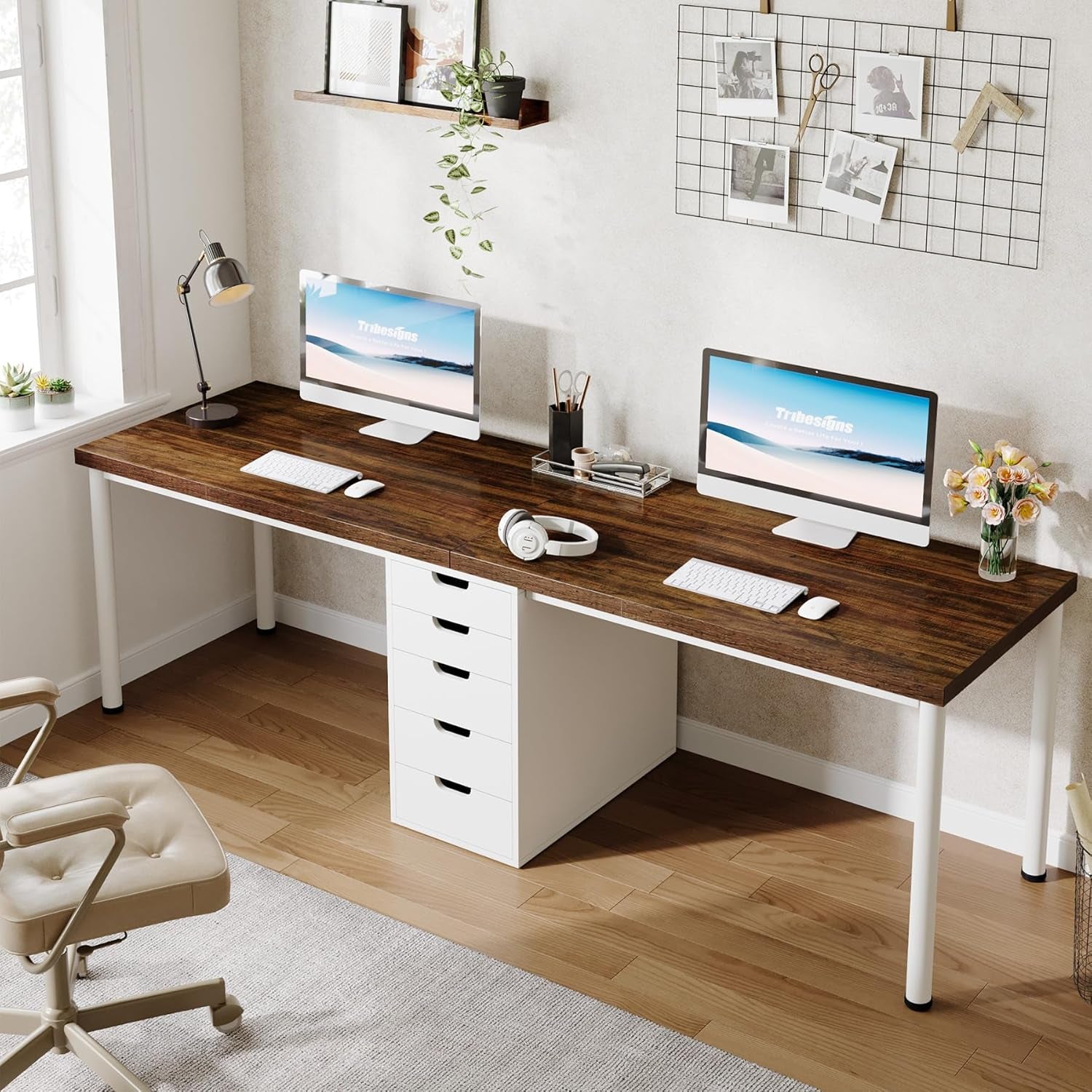Two Person Computer Desk with 5 Drawers, 78.7 Inches Extra Long Double Office Desk, Modern Simple Double Computer Desk Study Writing Table Workstation for Home Office(Brown/White)
