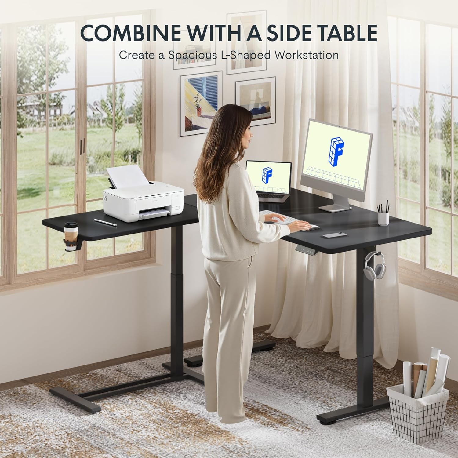 H7 Adjustable Overbed Bedside Table with Wheels Pneumatic Mobile Standing Desk Laptop Desk Rolling Computer Cart Movable Overbed Tables Hospital Home Use(27.6" W X 15.7" D, Black Table)