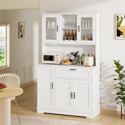 Kitchen Pantry Storage Cabinet, Freestanding Buffet Cabinet with Microwave Stand & 4 Door Shelves, Kitchen Hutch with Doors, Adjustable Shelves and Wine Rack, White