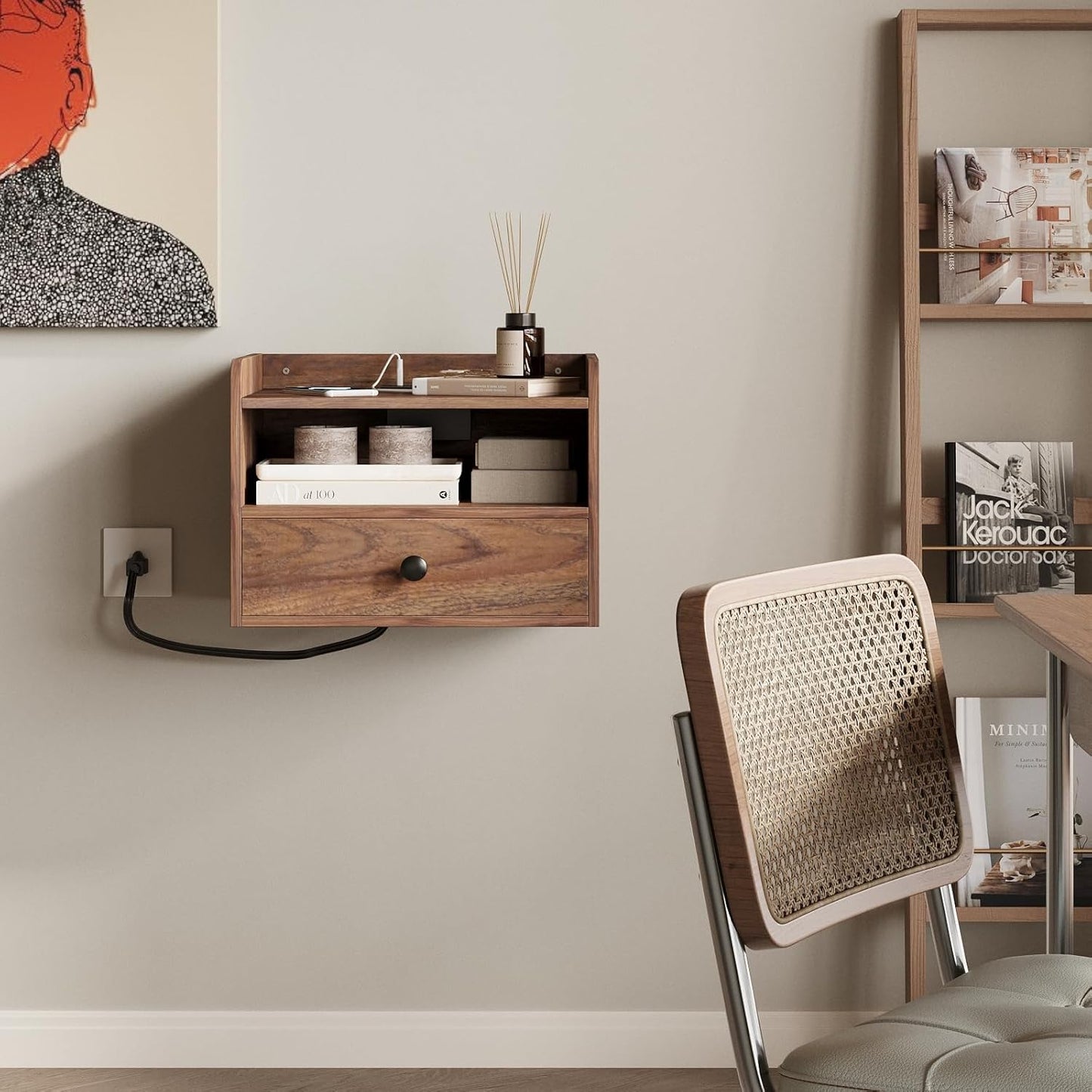Floating Nightstand Set of 2 Modern Night Stands with Drawer and Open Shelf Cubby Small Bedside End Table with Charging Station Wall Mounted Nightstands Set 2 for Bedroom Brown Walnut