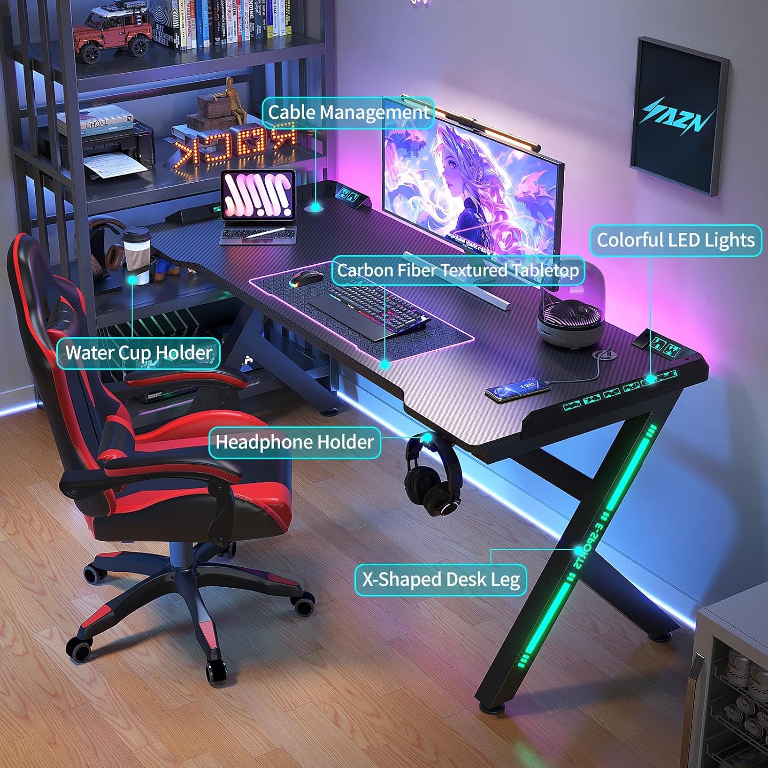 Gaming Desk, 55'' Computer Desk, Gaming Desk W/Led Lights & Carbon Fiber Desktop, Home Office Desks W/Ergonomic Design, Computer Desks W/Cup Holder, Headphone Holder, Cable Organizer
