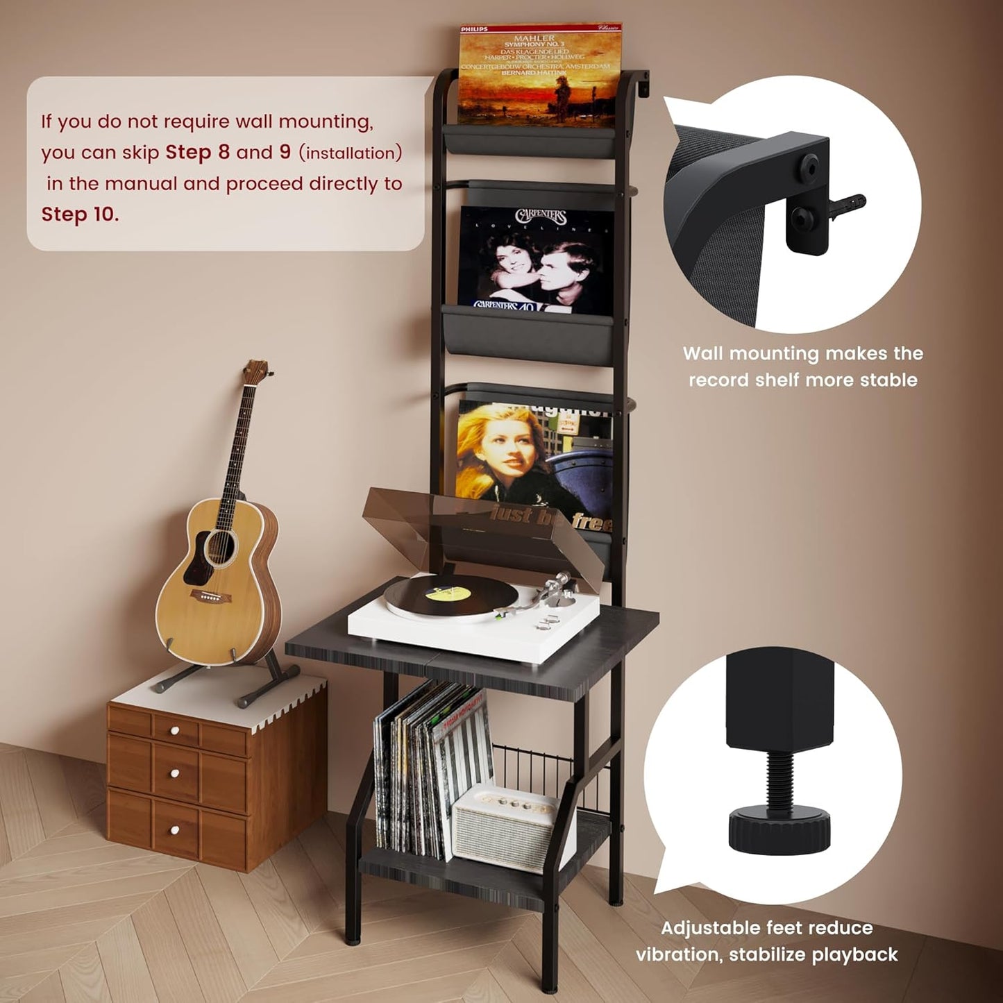 Record Player Stand with Vinyl Storage, Record Player Table Holds up to 200 Albums, 5-Tier Turntable Stand for Living Room, Black