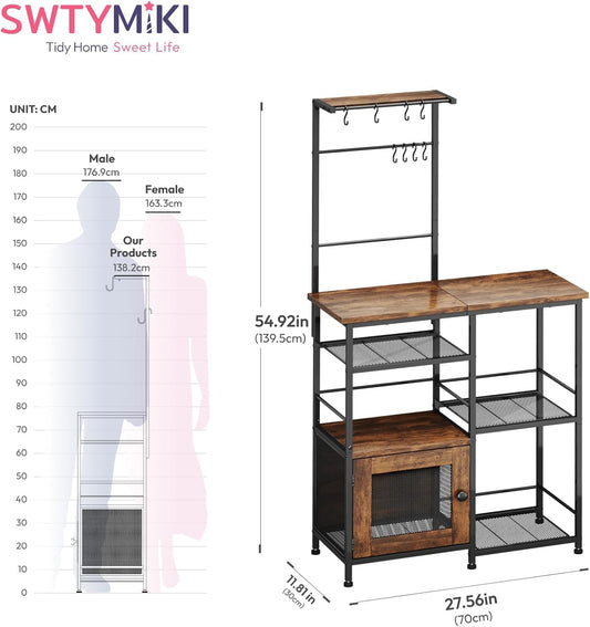 Bakers Rack with Storage - Coffee Bar Cabinet Organizer with 8 Hooks, Shelves & Cabinet Door, Coffee Station for Kitchen Dining Room, Microwave Stand with Adjustable Feet, Espresso
