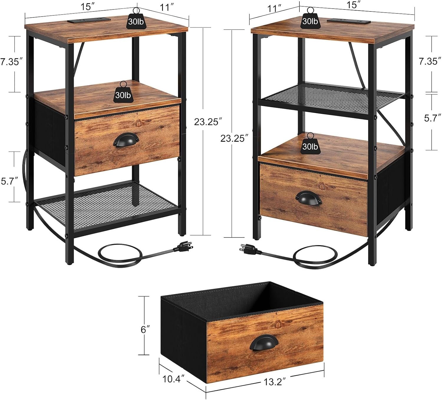 Nightstands Set of 2, Night Stands with Charging Station and Fabric Drawer, Bedside Tables with Storage, 2- Tier Side Table with Open Shelf, Nightstands with Charging Station,Rustic Brown