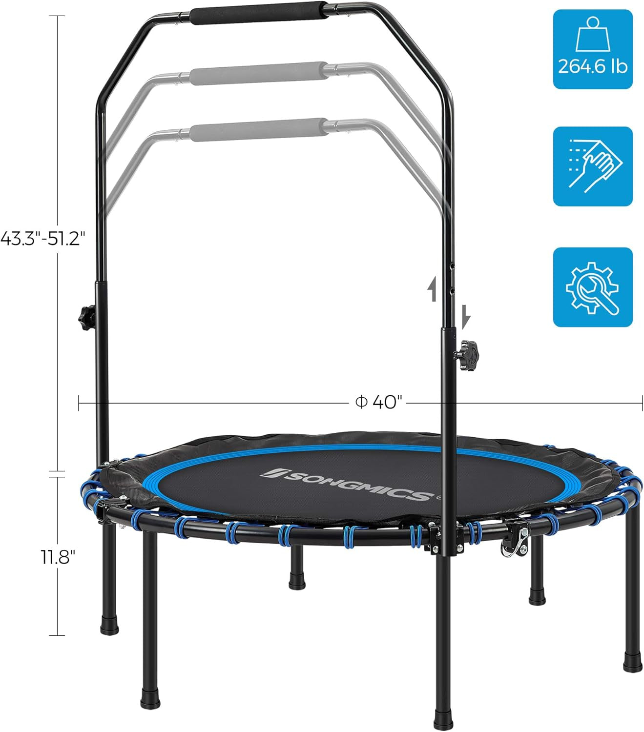 40 Inches Mini Fitness Trampoline, Fitness Rebounder with Adjustable Handrail, Foldable Trampoline for At-Home Workout, Max. Load 264.6 Lb