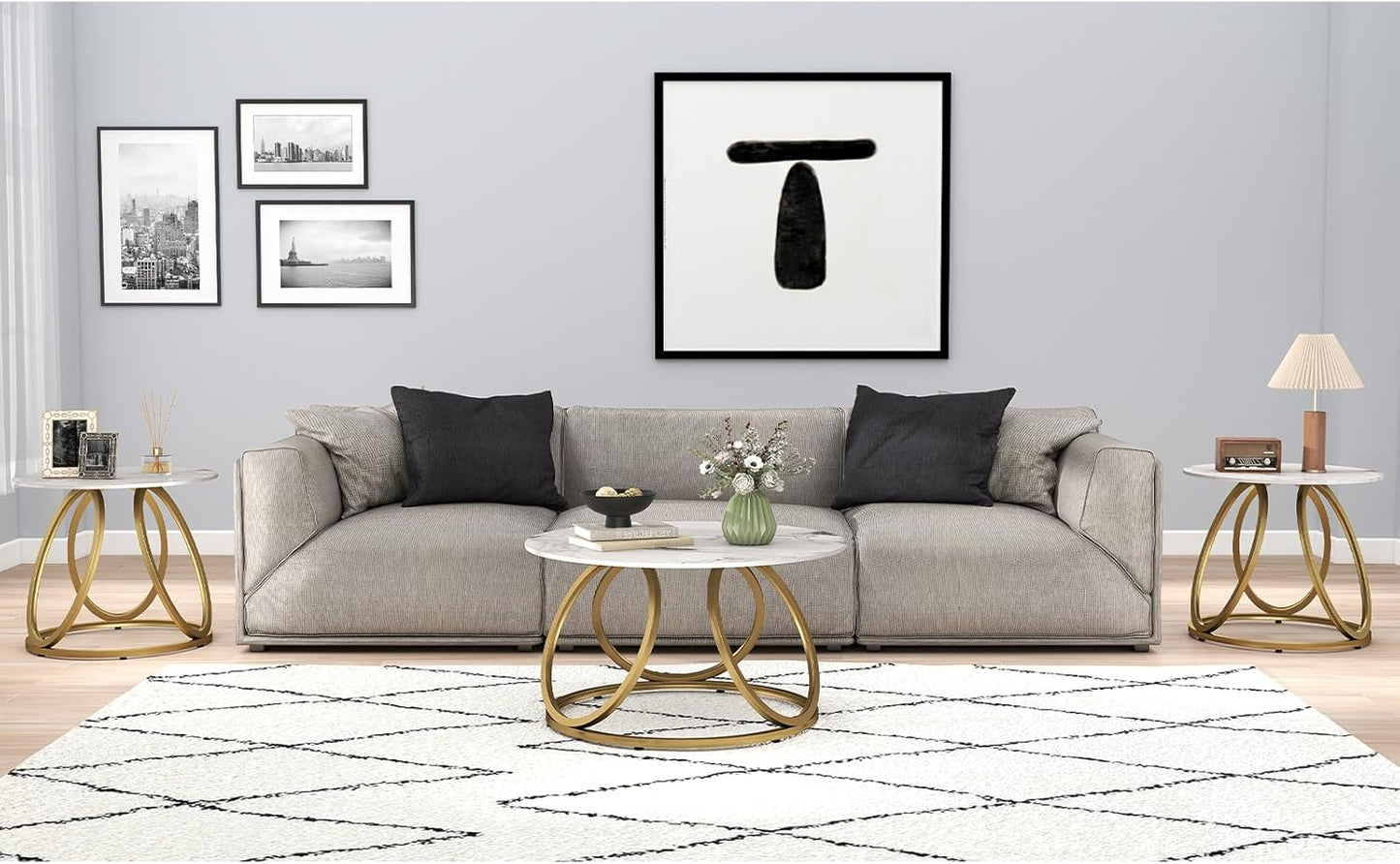 round Coffee Table for Living Room, Modern Coffee Table with Marbling Natural Stone, Gold & White