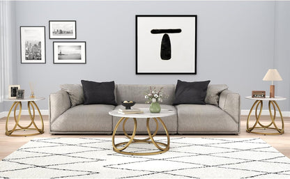 round Coffee Table for Living Room, Modern Coffee Table with Marbling Natural Stone, Gold & White