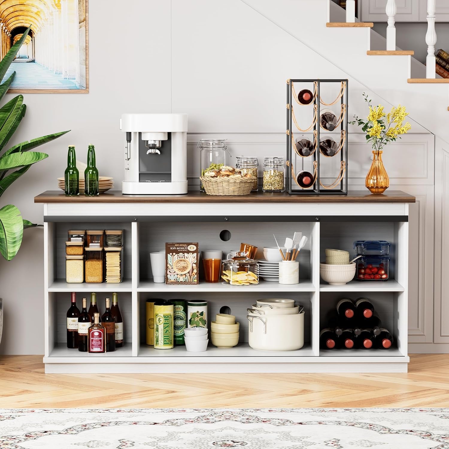 Farmhouse Sideboard Buffet Cabinet, Coffee Bar Storage with Sliding Barn Doors, Shelf for Home Dining Room, White